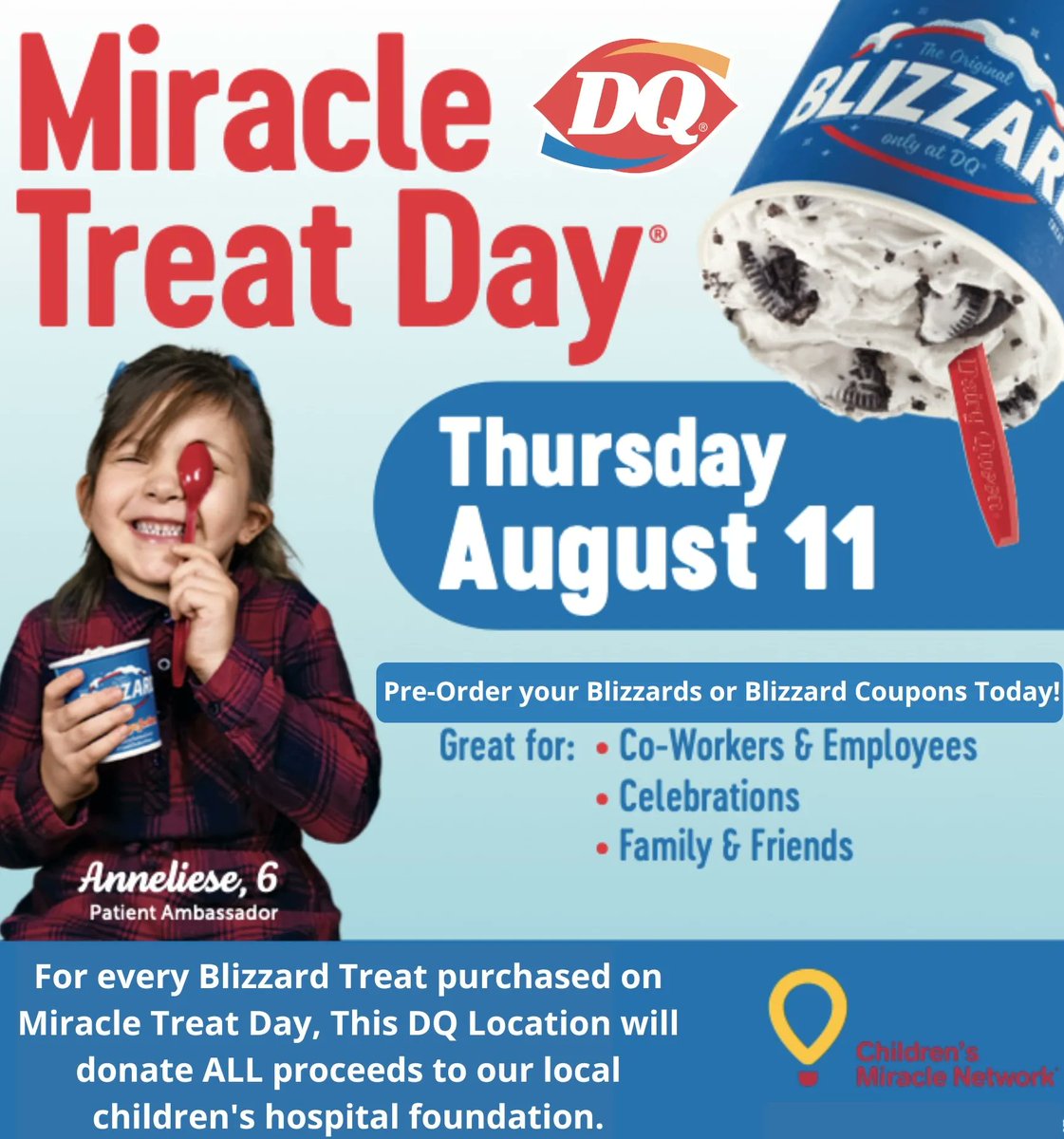 Miracle Treat Day is less than a week away! Don’t forget to pre-order your blizzards or blizzard coupons with ALL proceeds being donated! #miracletreatday #makemiracleshappen