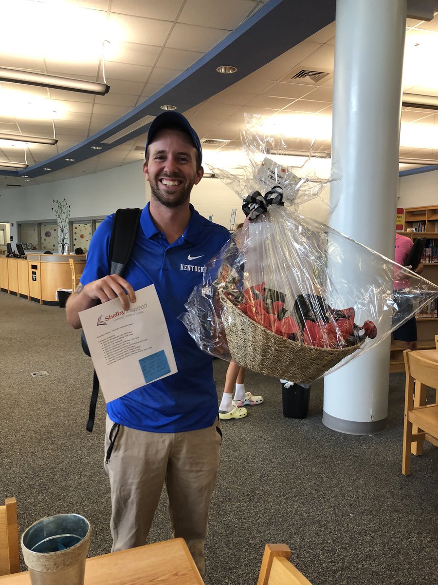 NikkiCanterbury's tweet photo. I love Shelbyville and Shelbyville loves it’s teachers. This is a very small sample of gift baskets that were donated by our community and raffled off as teacher gifts at our PD conference today! Look at those smiles!!! #shelbyMLC #IL3 https://t.co/dlNFpth9Pf
