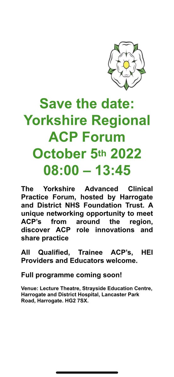 Sarah Henry (@sclhenry) on Twitter photo 🚨Breaking News 🚨 the next ACP Yorkshire Forum is on 5.10.22 <a href="/HarrogateNHSFT/">Harrogate NHS FT</a> full programme to be announced soon.
Save the date 🙌🏻⭐️Please share ⭐️<a href="/HarrogateACPs/">Harrogate ACP's</a> <a href="/sadie_salt/">Sadie Salt</a> <a href="/ACPkirsty/">KIRSTY</a> <a href="/TheLottieBarker/">charlotte barker</a> @ClaireHindle4 <a href="/kastocks/">Katie Terry</a> <a href="/ChloeHarland88/">Chloe Harland</a> <a href="/rachaelprince/">Rachael Prince</a> 🚨Breaking News 🚨 the next ACP Yorkshire Forum is on 5.10.22 <a href="/HarrogateNHSFT/">Harrogate NHS FT</a> full programme to be announced soon.
Save the date 🙌🏻⭐️Please share ⭐️<a href="/HarrogateACPs/">Harrogate ACP's</a> <a href="/sadie_salt/">Sadie Salt</a> <a href="/ACPkirsty/">KIRSTY</a> <a href="/TheLottieBarker/">charlotte barker</a> @ClaireHindle4 <a href="/kastocks/">Katie Terry</a> <a href="/ChloeHarland88/">Chloe Harland</a> <a href="/rachaelprince/">Rachael Prince</a>
