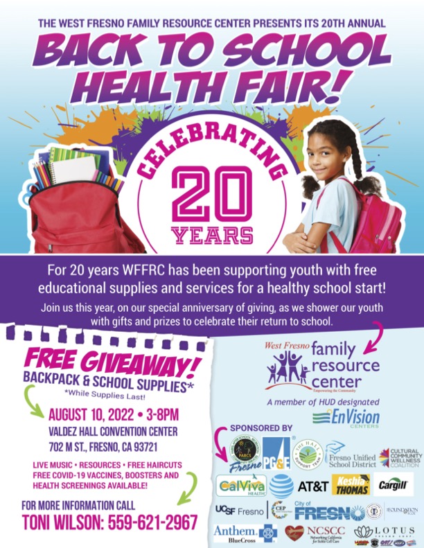 WFFRC is celebrating 20 years of supporting youth with free educational supplies and services for a healthy school start. Join them in celebrating by heading to Valdez Hall Convention Center for a FREE giveaway of backpacks and school supplies. Details below!