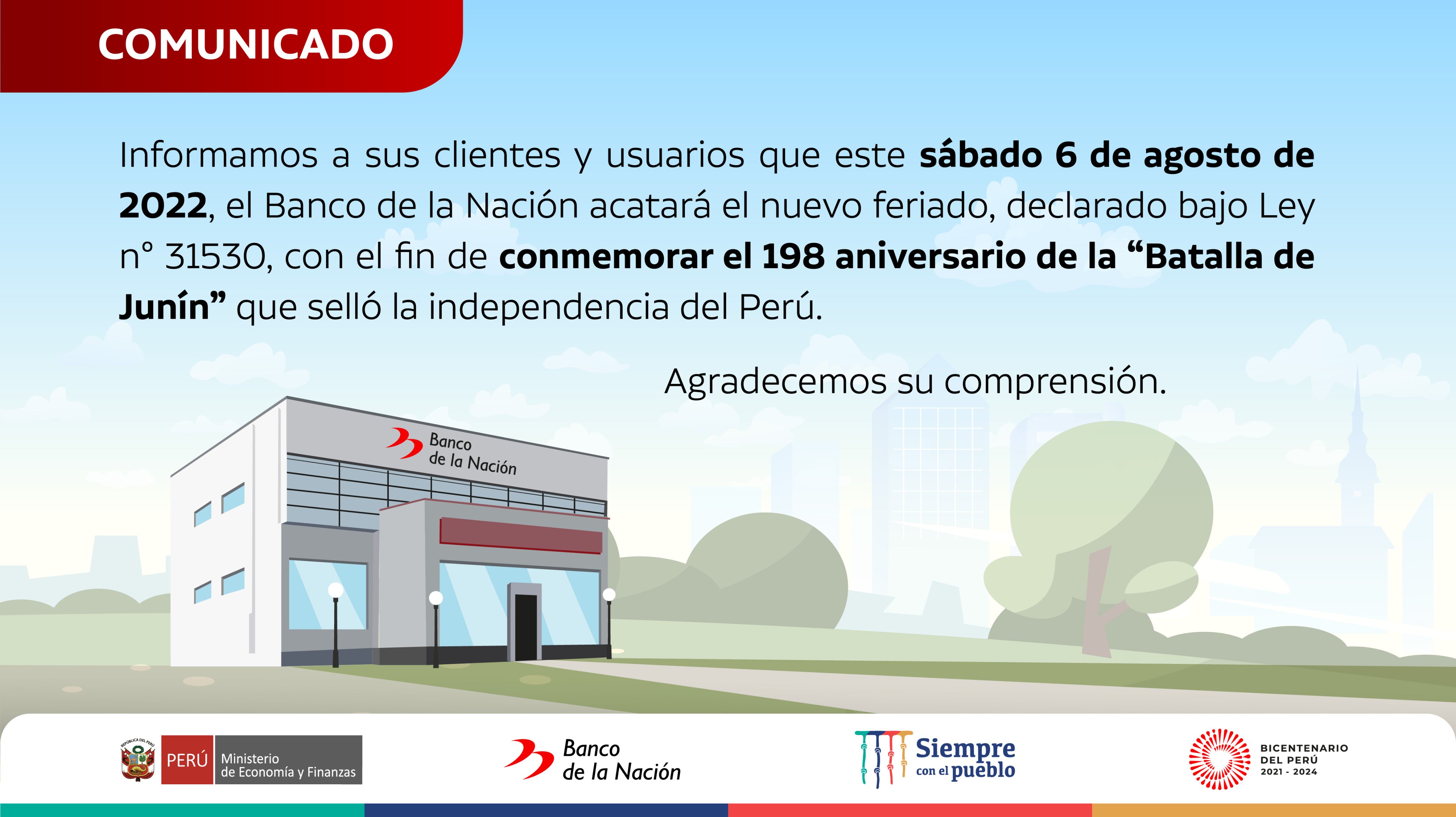 El Banco de la Nación no atenderá presencialmente este 6 de agosto por nuevo feriado