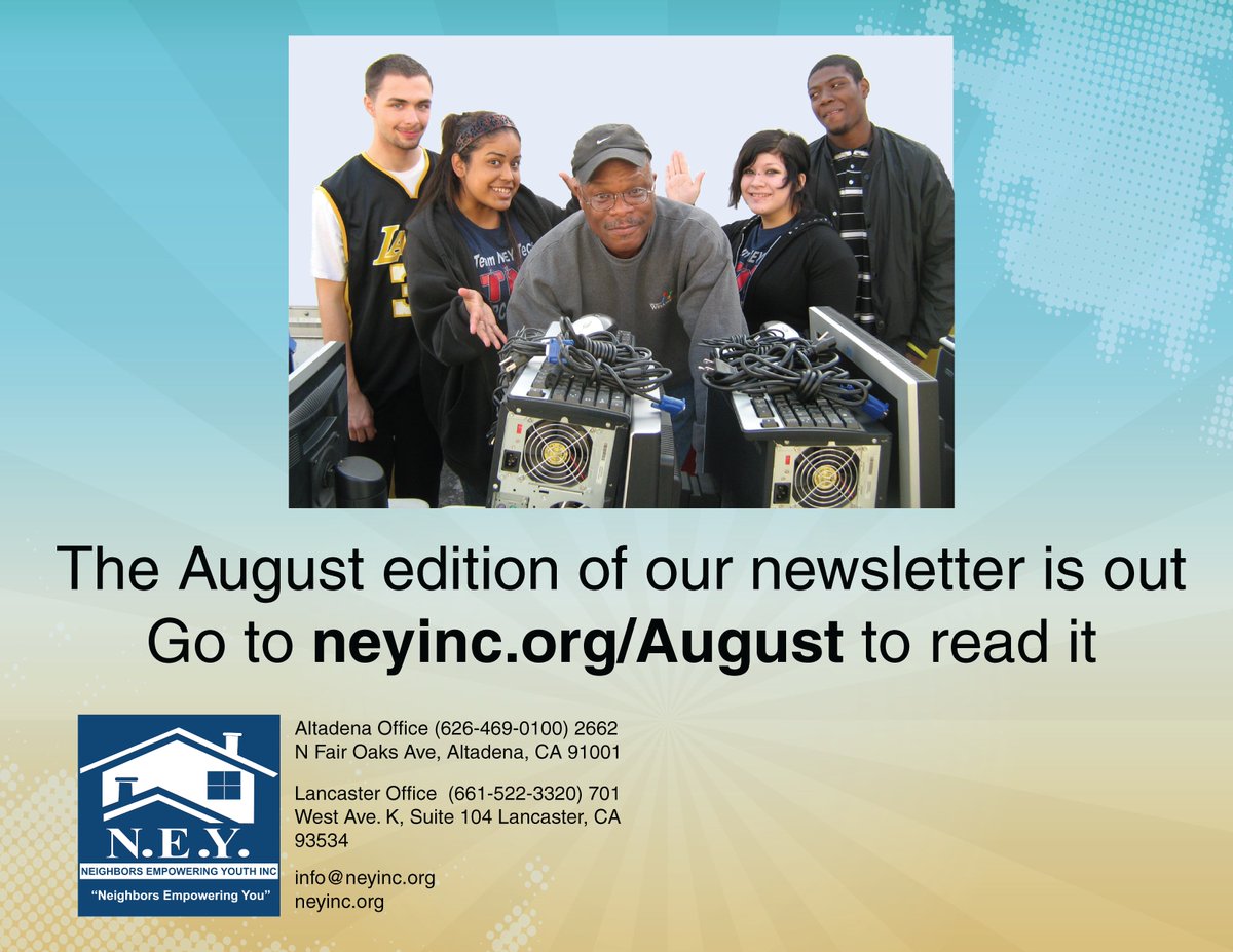 ney_inc's tweet photo. Our August newsletter is out.
Go to https://t.co/PXmFinAZJk to read it.  #nonprofit #pasadena #altadena #Lancaster #tech #technology #newsletter #robotics #nonprofitorganizations #donate https://t.co/o7I8wqfccA
