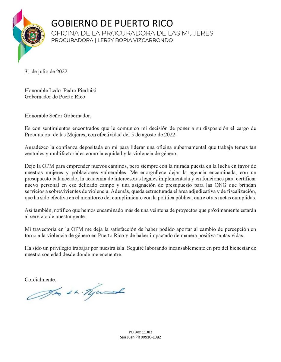 Agradezco la confianza depositada en mí para liderar una oficina gubernamental que trabaja temas tan centrales y multifactoriales como la equidad y la violencia de género. Dejo la OPM para emprender nuevos caminos,  siempre con la mirada puesta en la lucha en favor de las mujeres