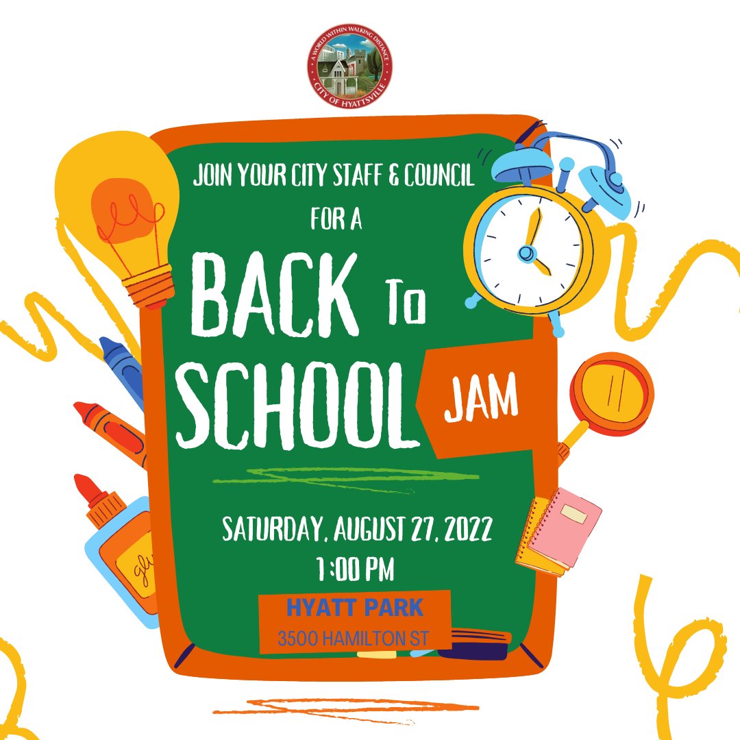 Join City Councilmembers and staff for a Back-to-School Jam on Saturday, August 27, beginning at 1 p.m., at Hyatt Park! Families can pick up donated school supplies (while supplies last) while enjoying good music, food and snacks, and family-friendly activities.