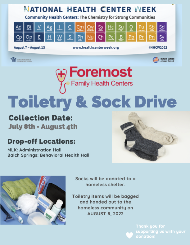 Be a Blessing to someone in need!
Drop off socks and toiletries at both locations.
#socks #toiletries #personalcare
@DALBlackChamber 
<a href="/bswhealth_DFW/">Baylor Scott & White Dallas-Fort Worth</a> 
<a href="/MLKCCDallas/">Dallas MLK Center</a> 
<a href="/BalchSpringsTX/">Balch Springs, TX</a> 
<a href="/BalchSpringsEDC/">Balch Springs EDC</a>