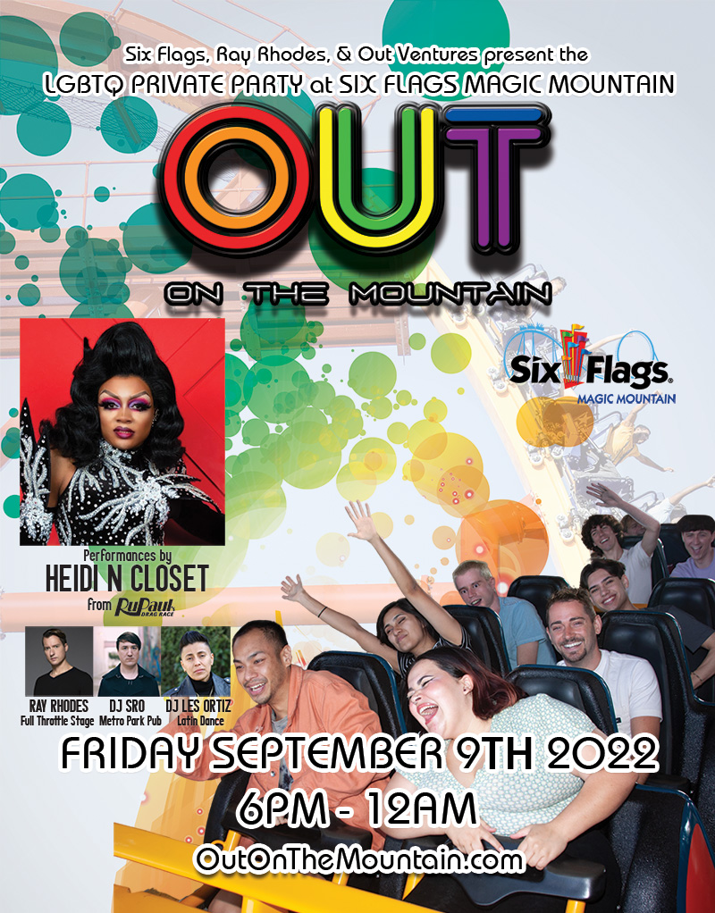 OutMM's tweet photo. 5 weeks to go until Out on the Mountain, the #LGBT Six Flags Magic Mountain event, on Friday, September 9th. Thank you for record fast sell out of VIP packages. We've still got great discount $58.99 tickets including free parking at https://t.co/ScFLq4Uwme #gayla #gaypride #LGBTQ https://t.co/eVsnZTMwl4