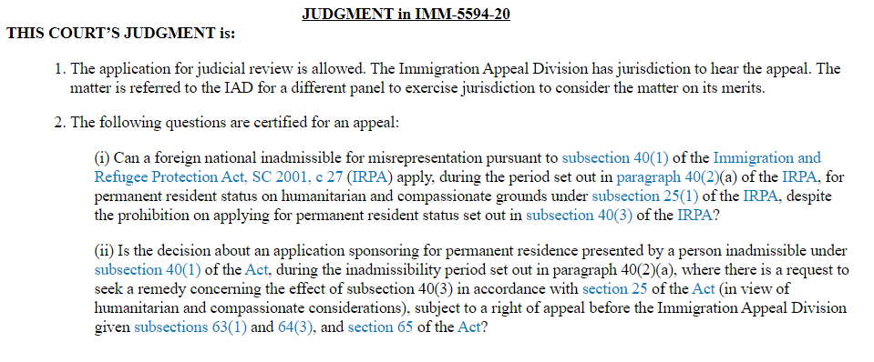 smeurrens's tweet photo. On it's way to the Federal Court of Appeal. (1) Can someone submit an H&amp;C application during the 5-year misrepresentation bar period? (2) Can someone appeal to the Immigration Appeal Division during the 5 year bar on H&amp;Cs? Right now answer to both is yes.  https://t.co/7fB2HXZN7C https://t.co/jDDKMQjWRf