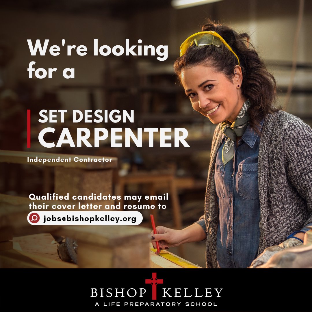 We're looking for a #SetDesign #Carpenter! If you'd love to work on high-quality BKHS productions &amp; tremendously talented teachers &amp; students, we'd love to have you join our team! Email your cover letter &amp; resume to jobs@bishopkelley.org #IndependentContractor #JobOpportunity