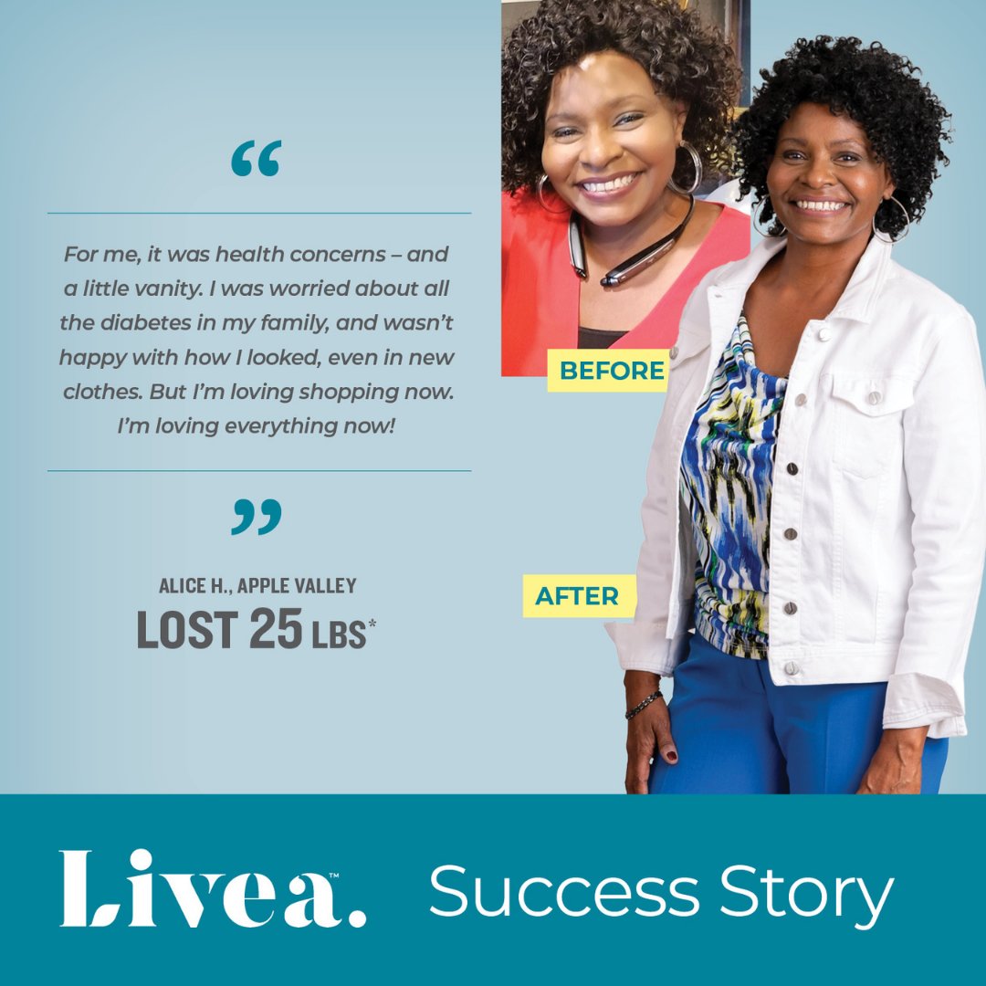 It’s #FeelGoodFriday @ Livea & we are excited to congratulate Alice H. from Apple Valley on her success @ losing 25 lbs. on the Livea Program & loving the way she looks & feels! Visit Livea.com or call 855-GO-LIVEA today! 

#GetHealthywithLivea #ClientSuccessStory