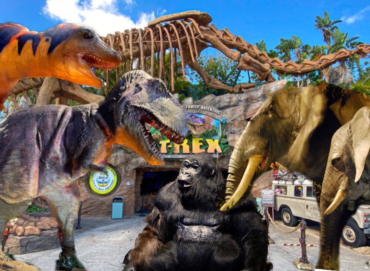FakeDisneyFact's tweet photo. Chaos at Disney Springs as the animatronic animals from Rainforest Cafe get into a fight with the animatronic Dinosaurs from T-Rex https://t.co/y6RhLUicvy