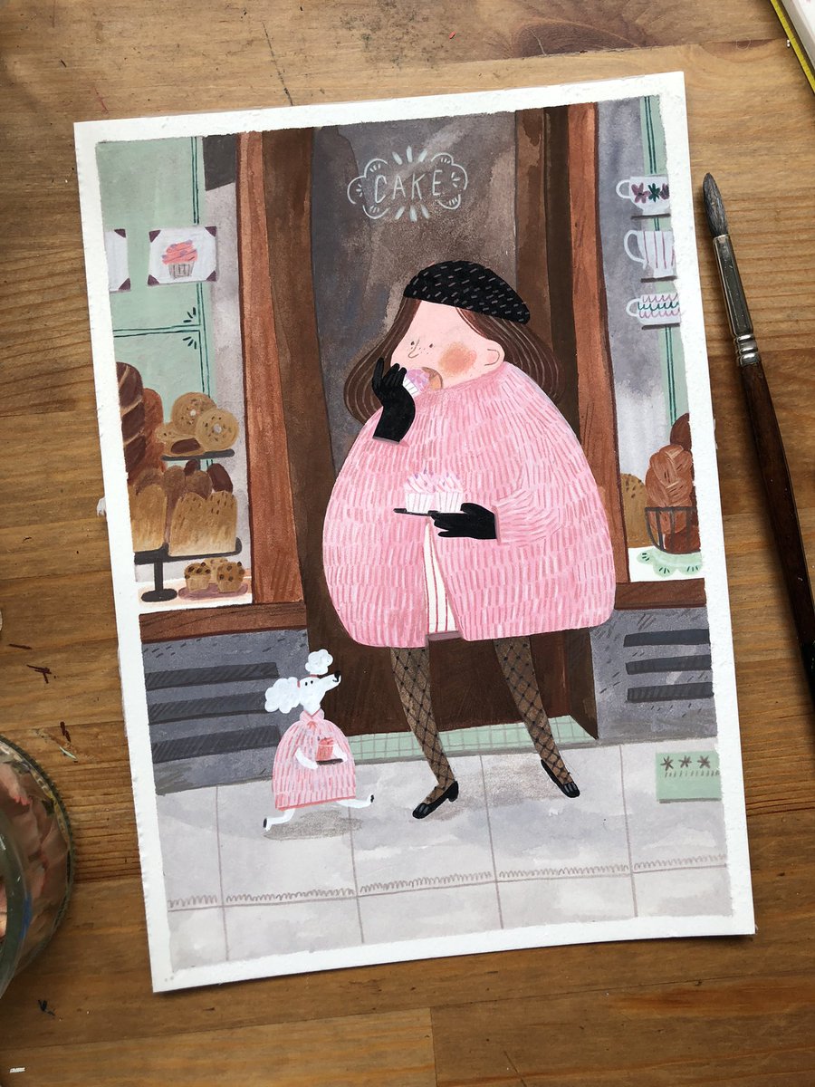 Cup cake lady in pink!! Housecatillustration #dtiyschallenge #kidlitart #guoache #colorpencil #pink