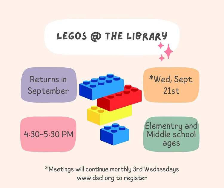 DSCLibrary's tweet image. Legos @ the Library returns in September!  Tubs of Lego bricks are provided! The first “Meet-and-Build” Legos @ the Library will be on the 3rd Wednesday, September 21, 4:30 – 5:30pm. Meetings will continue monthly on 3rd Wednesdays.
dscl.assabetinteractive.com/.../legos-the-…