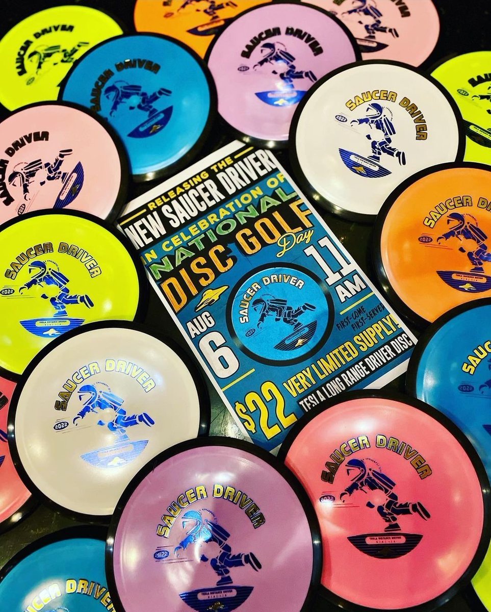 SaucerSugarLand's tweet photo. Disc Golf Day is Saturday, and to celebrate, we're releasing our newest limited edition disc, serving awesome beer, and giving away prizes!

Hang out, drink beer, win the raffle and let’s bang some chains!

#discgolfday #discgolf https://t.co/bbYetPeyA0