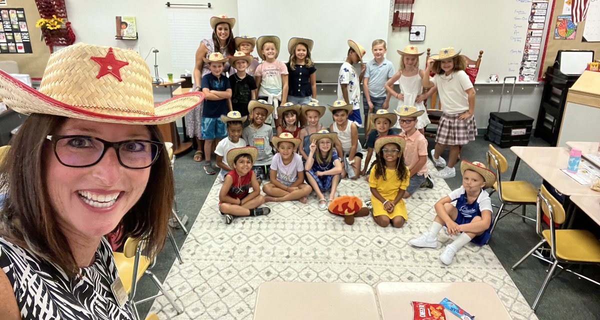 TherisaSeymour's tweet photo. Stopping by each classroom @FCEhse on the #FirstDayHSE to welcome our #FCEfish is always the BEST! 😍 I take class pics for the Ts and sometimes can’t resist to pop-in it! 😂 Mrs. Kartchner’s 2nd graders even had these cool hats! 🤠 ALL Ss get on the announcements on Mon., too!🤩 https://t.co/hpWJS7jsC8