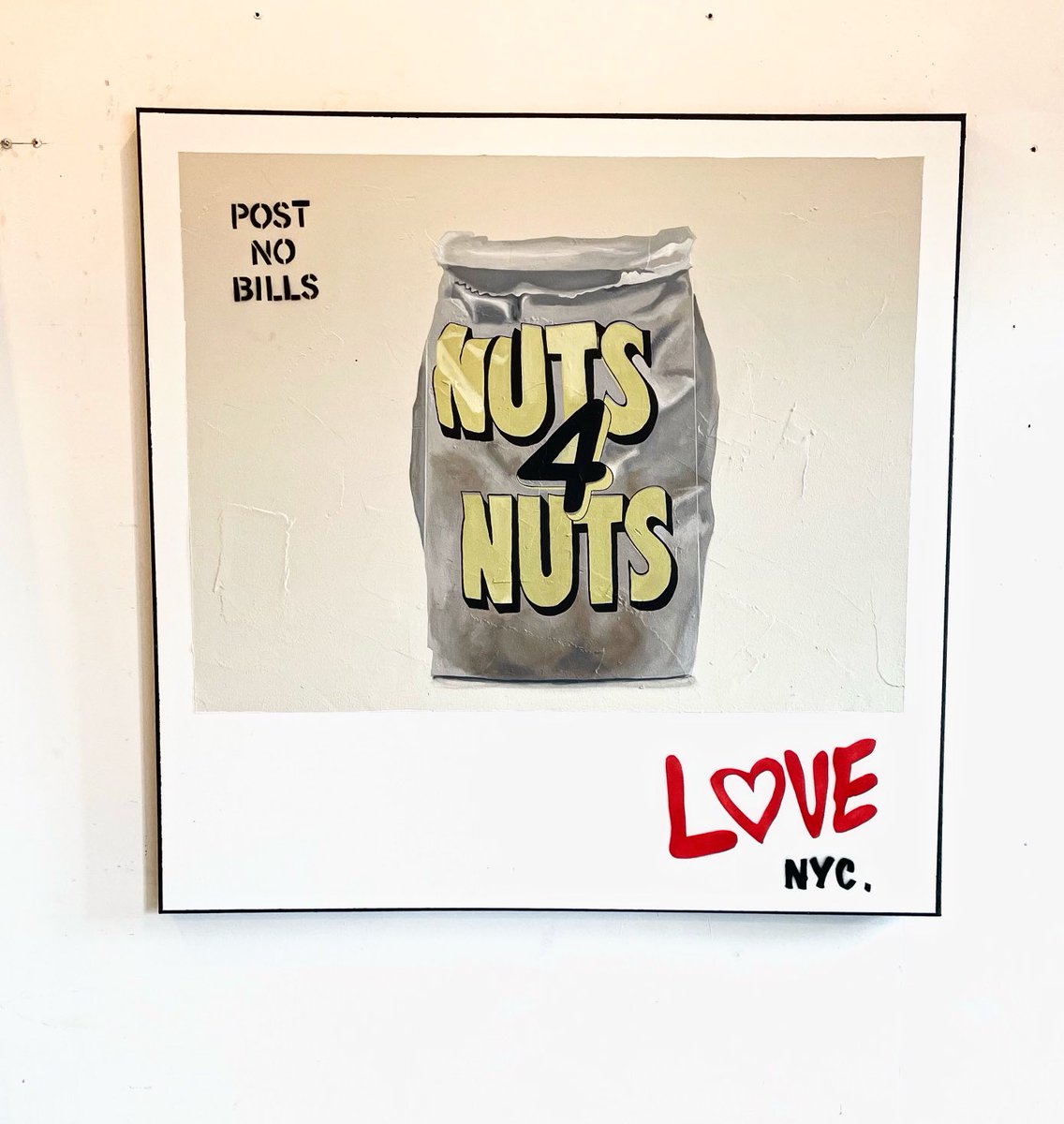 NEW YORK ,I  STILL  L❤️VE YOU
“I’m still nuts 4 you”
48x48
Mixed medium on canvas 
.
This is a true staple of nyc
If you are a New Yorker or  a tourists ,you always grab 
a bag of street nuts 😀
.
#nuts4nuts 
#i❤️nyc 
#privatecollection