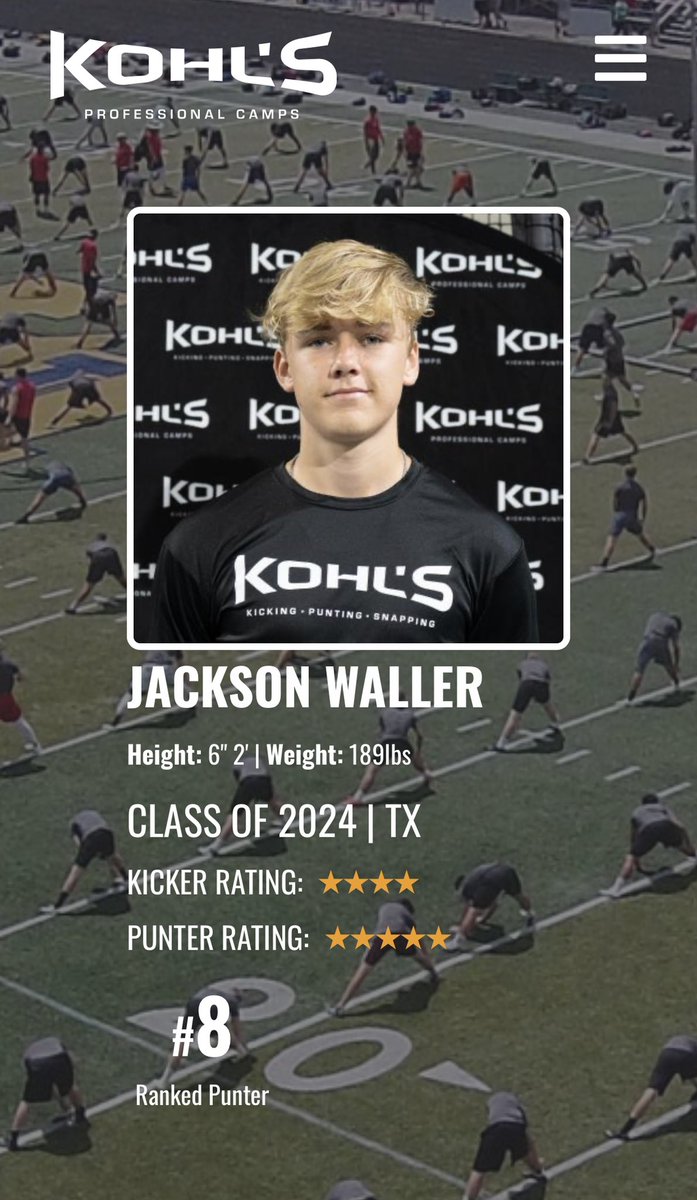 Thank you <a href="/KohlsKicking/">Kohl's Kicking Camps</a> for an amazing camp. Proud to be a 5 star and #8 in the nation
<a href="/TaylorMustangFB/">Katy Taylor Football</a>