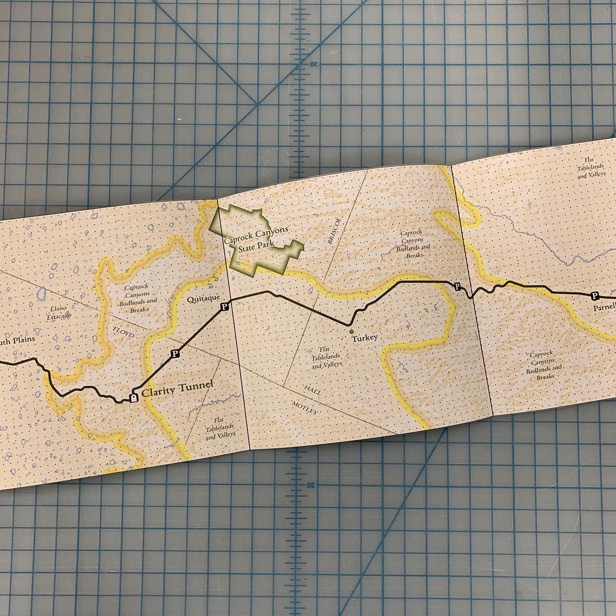 Parks_and_Rick's tweet photo. Having fun with some #map styles at work for a fold out map of Caprock Canyons Trailway; inspired by @John_M_Nelson’s Appalachian Trail map. #texasstateparks #cartography #maps #qgis https://t.co/DMRrCNKUWF
