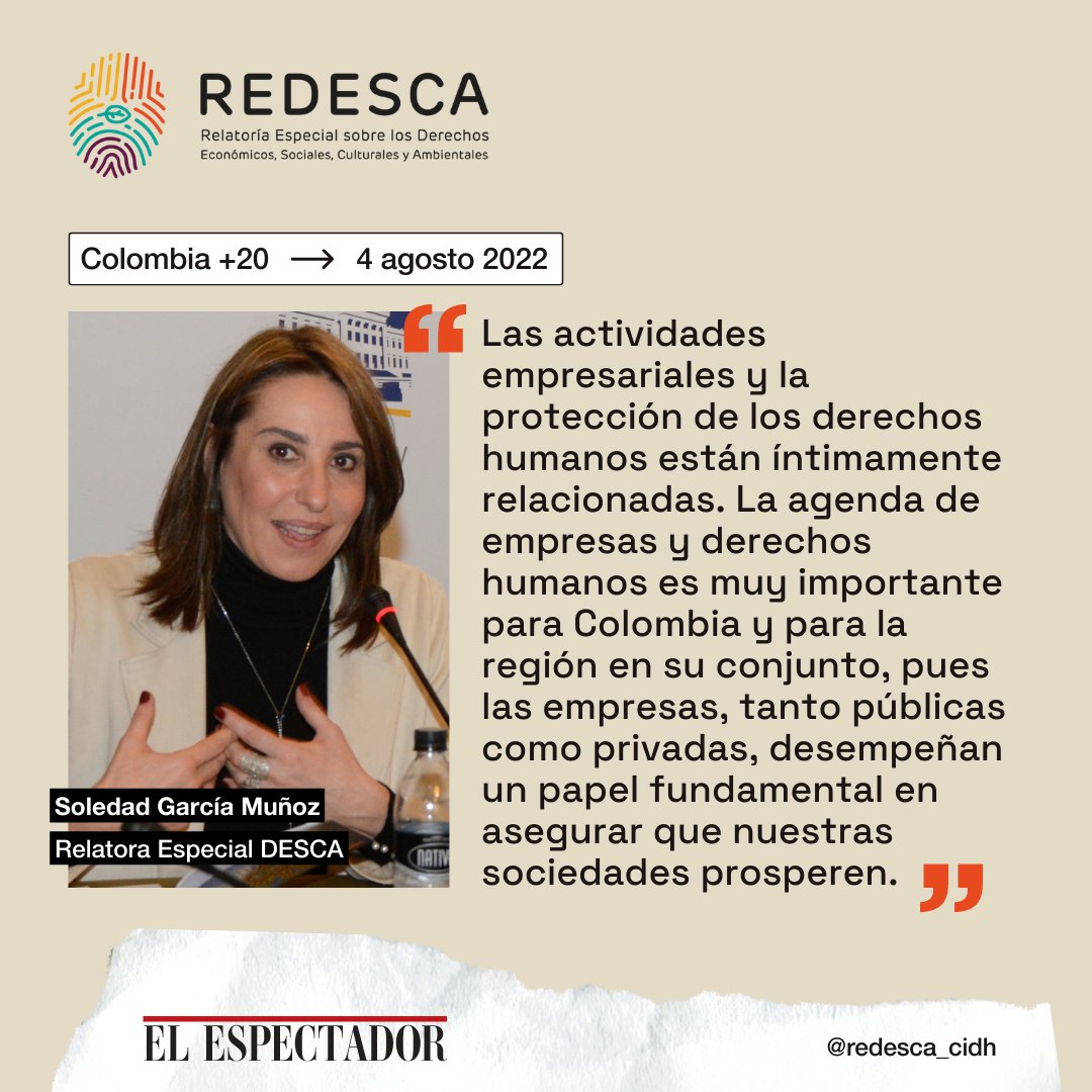 DESCA_CIDH's tweet photo. 📰 Lee la entrevista a la Relatora @DESCA_CIDH, @solgmunoz, en @elespectador, donde abordó la importancia de la ratificación del 🌏#AcuerdoDeEscazú por parte de #Colombia, 👷‍♂️👷‍♀️ el rol del #SectorEmpresarial en el respeto a los #DDHH, entre otros temas. 
➡️ https://t.co/1cJkBfNKBE https://t.co/OkmqCBumbQ
