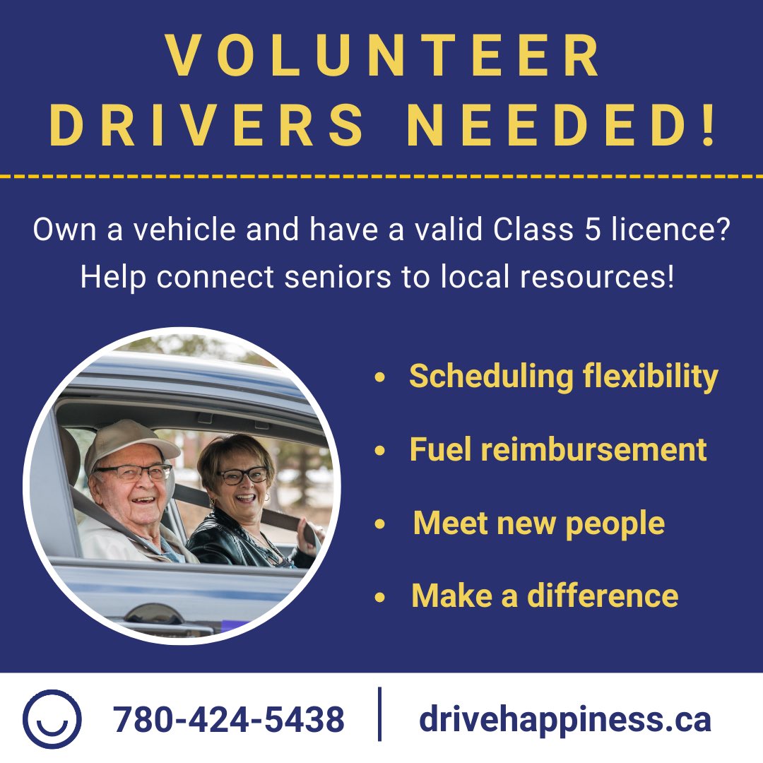 <a href="/DriveHappy_ab/">Drive Happiness</a> provides low-cost assisted transportation to Albertan seniors. Friendly volunteer drivers use their own vehicles to take older adults wherever they need to go, be it a grocery store, a medical facility, a rec centre, or a loved one’s home.
Want to volunteer? (1/2)
