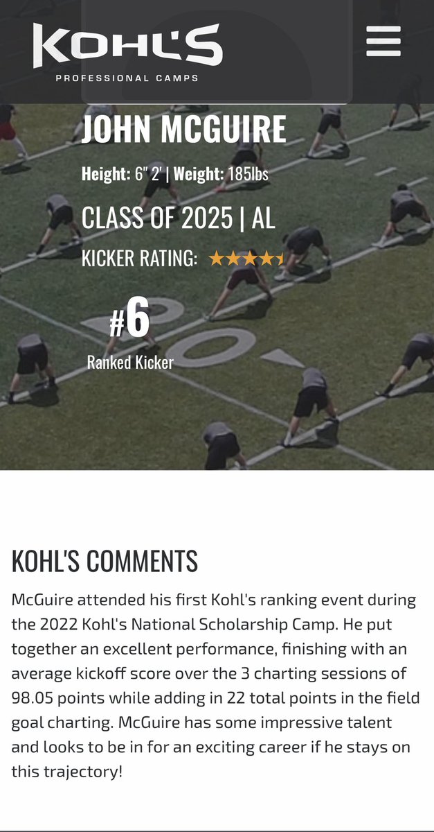 Sarah McGuire (@sarahbmcguire) on Twitter photo Proud of <a href="/JohnAlanMcGuire/">John Alan McGuire</a>’s first Kohl’s National Scholarship Invitational Camp! 6th in the country and now time to #outworkemall and win another State Championship at Thompson! <a href="/athletics_ths/">THS Athletics</a> <a href="/coachmarkf/">Mark Freeman</a> <a href="/CoachHarsin/">Bryan Harsin</a> <a href="/evanmc30/">Evan McGuire</a> <a href="/OneOnOneKicking/">OneOnOne Kicking Camps🏈</a> <a href="/KohlsKicking/">Kohl's Kicking Camps</a> Proud of <a href="/JohnAlanMcGuire/">John Alan McGuire</a>’s first Kohl’s National Scholarship Invitational Camp! 6th in the country and now time to #outworkemall and win another State Championship at Thompson! <a href="/athletics_ths/">THS Athletics</a> <a href="/coachmarkf/">Mark Freeman</a> <a href="/CoachHarsin/">Bryan Harsin</a> <a href="/evanmc30/">Evan McGuire</a> <a href="/OneOnOneKicking/">OneOnOne Kicking Camps🏈</a> <a href="/KohlsKicking/">Kohl's Kicking Camps</a>
