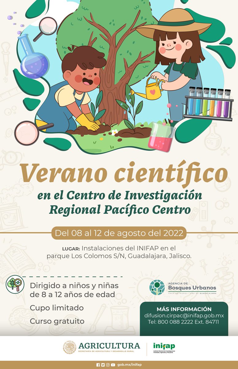 inifap's tweet photo. El #CIRPAC convoca a niñas y niños 👧🏾👦🏽 de entre 8 a 12 años a disfrutar de un verano científico 🌱🌳🧪 en el parque Los Colomos.
Consulta el programa 👇👇
https://t.co/95sXkvjJWx
@BosquesAMG https://t.co/gHg1ctVUDT