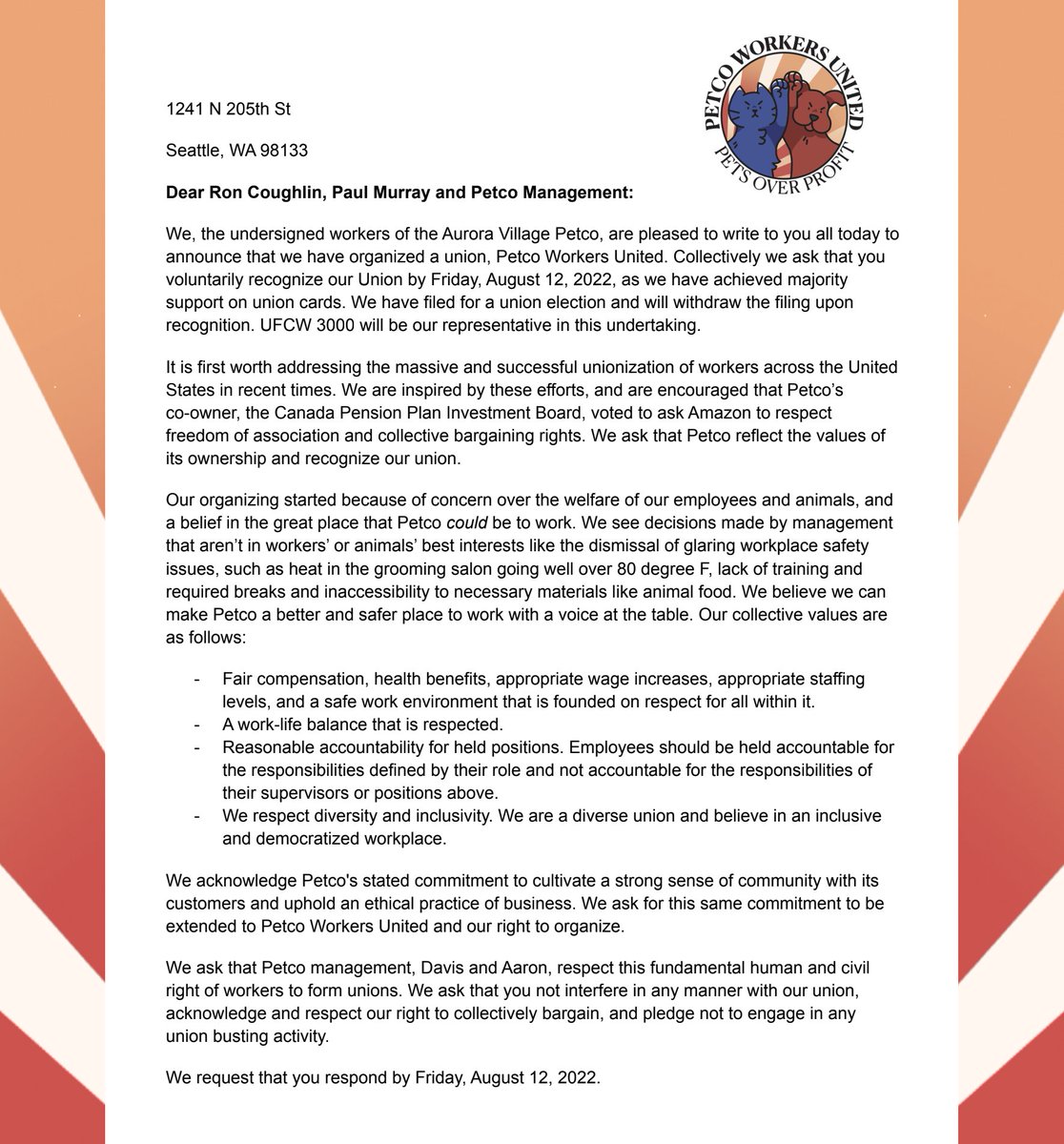 PetcoUnited's tweet photo. 💥 Our letter to sent to Petco management this morning, officially announcing our intent to unionize.

Thanks a million to everyone who's stepped up to join us thus far, your support means the world! https://t.co/2ffeSgqGoV