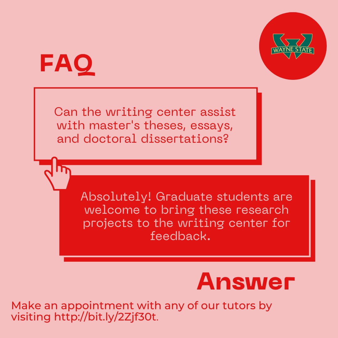 Graduate students working on a thesis, essay, or dissertation are welcome to get feedback at the writing center. 

Make an appointment by visiting bit.ly/2Zjf30t.