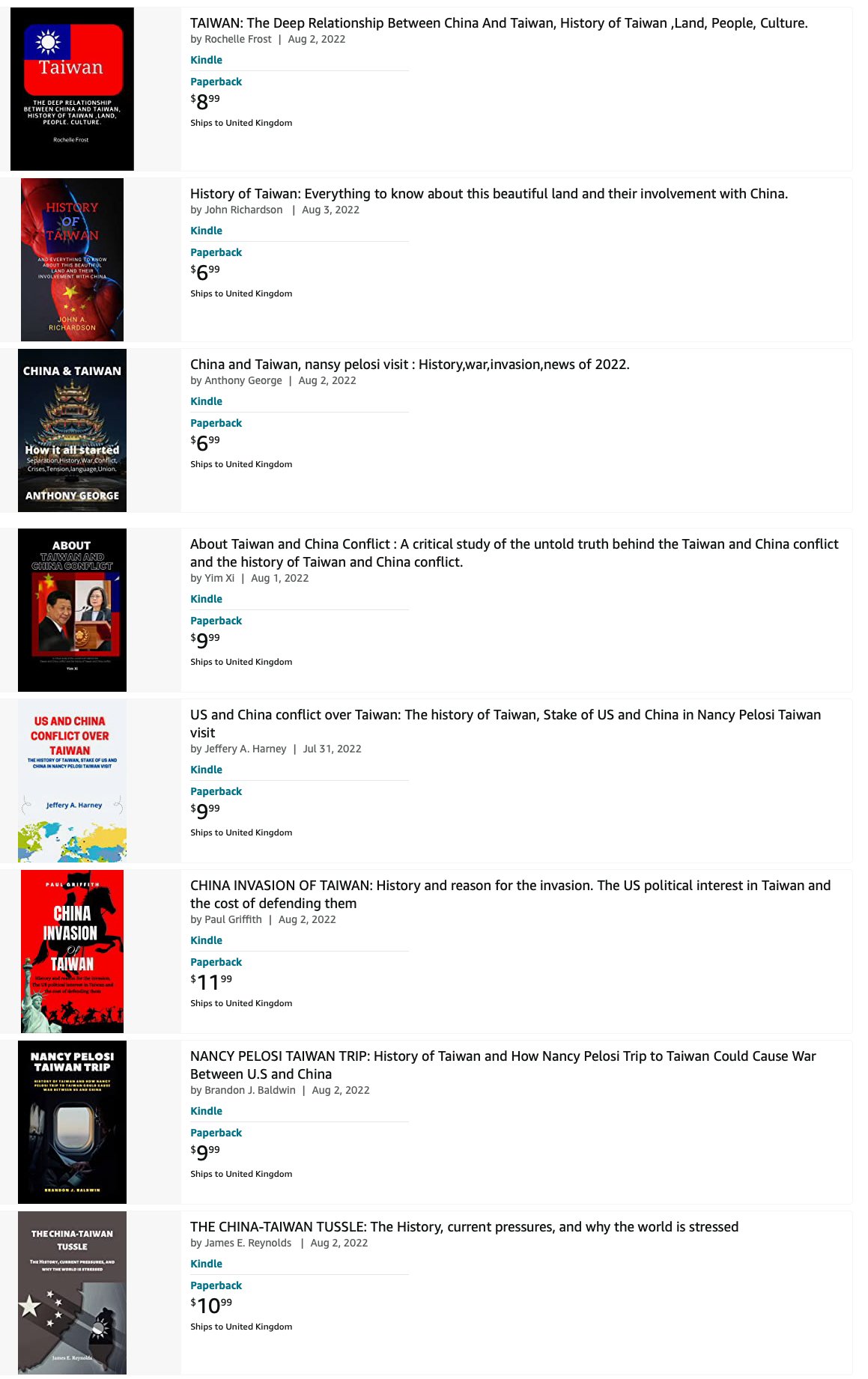 Michael Cannings在Twitter發文指，亞馬遜上出現關於佩洛斯、台灣相關低質量書籍令人擔憂