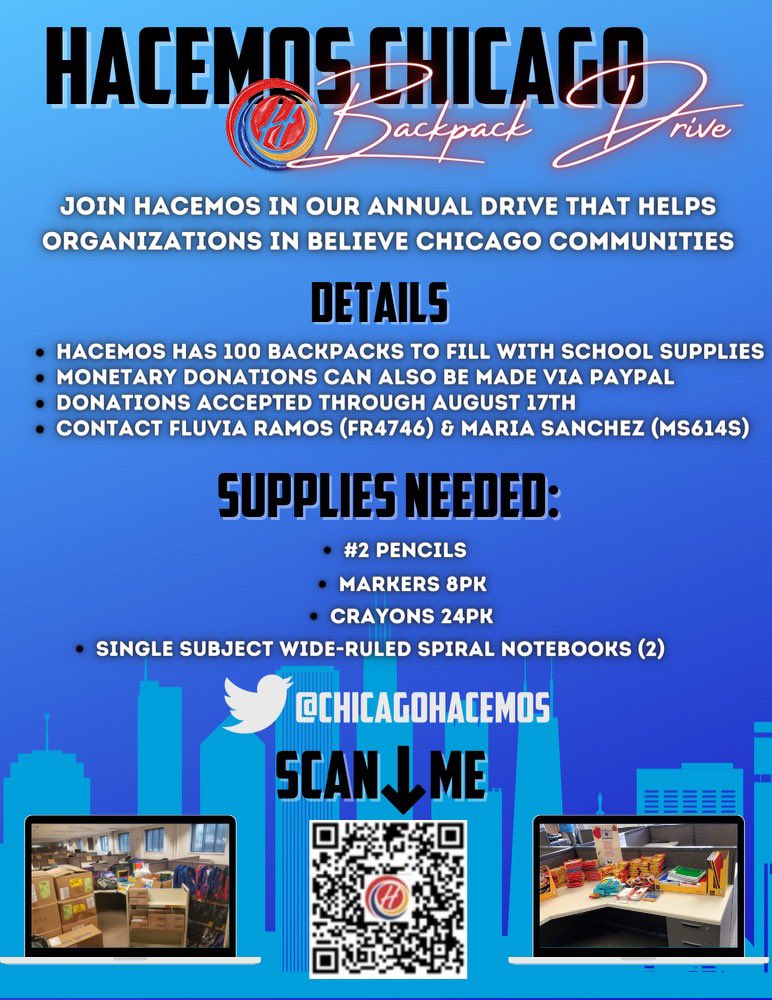 ChicagoHacemos's tweet photo. Our HACEMOS Chicago Chapter is LIVE until 8/17! Join us in donating #2 Pencils, Glue Sticks, Markers, Black Ballpoint Pens, Crayons, Pocket Folders, Notebooks &amp; more! Our goal is to fill 100 backpacks with school supplies to help organizations in the BELIEVE Chicago Communities. https://t.co/yKRpVBgLrO