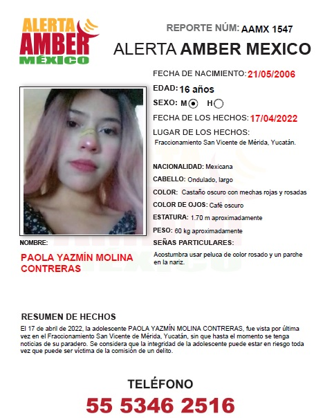 Fam_Unidas_AC's tweet photo. #AlertaAmberMx 
Paola Yazmín Molina Contreras 
16 años #Desap 17/04/22
En #MéridaYucatán RT @Yucatanall @enfoqueyucatan @LaAlamedaYuc @FGR_Yuc @fgeyucatan @maria_del_sol @ReginaOrozco @reyeslourdes @erendiritas @DiariodeYucatan @YUCATANALMINUTO @EXAMERIDA @botDesaparecidx @SIW_12 https://t.co/vAzjxCRsEg