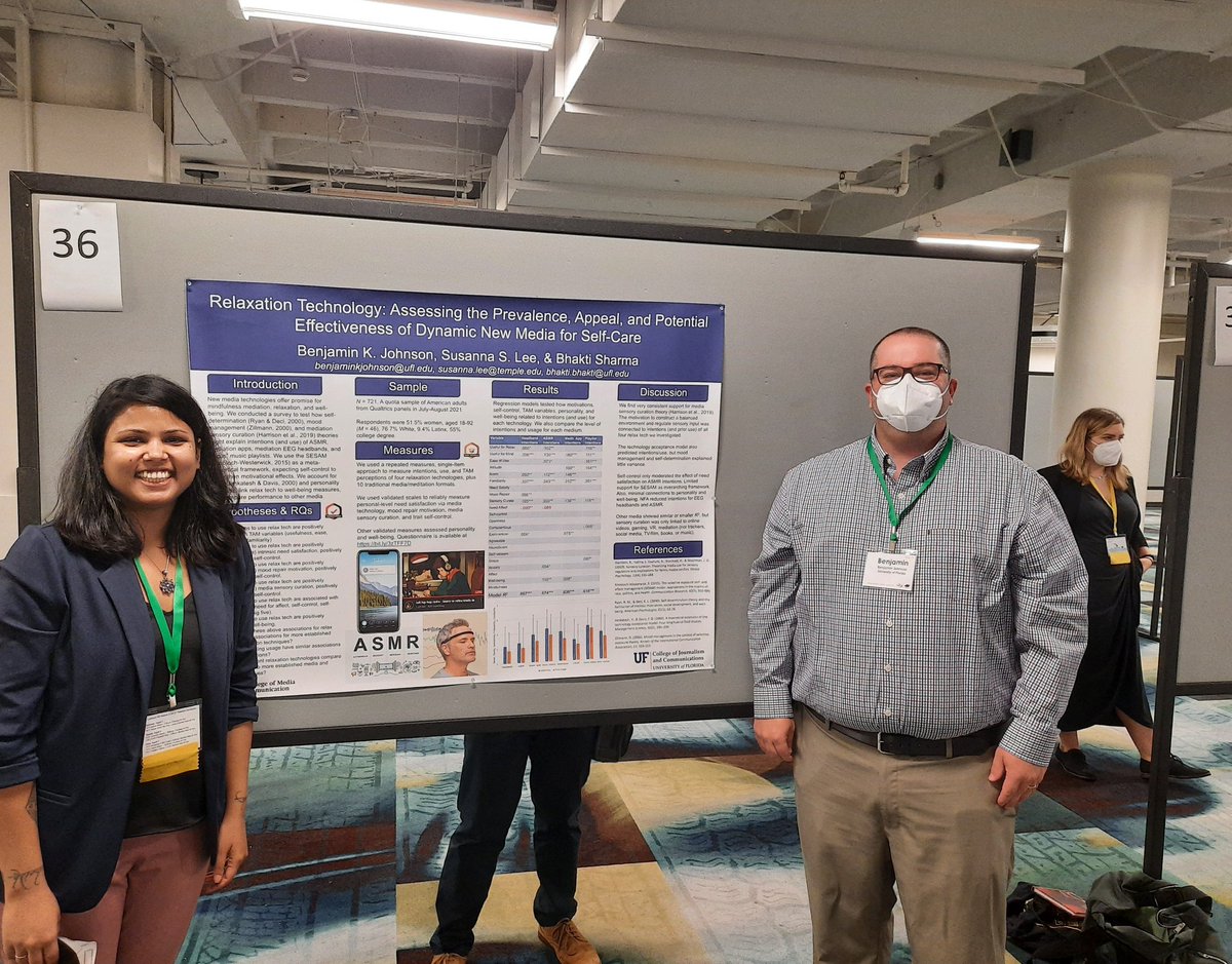 First physical poster session felt great! Our study looked at the intentions (and use) of new technologies such as @ChooseMuse headbands and #ASMR for relaxation (and #mindfulness) purposes. 
#AEJMC22 #relaxation #GoGators