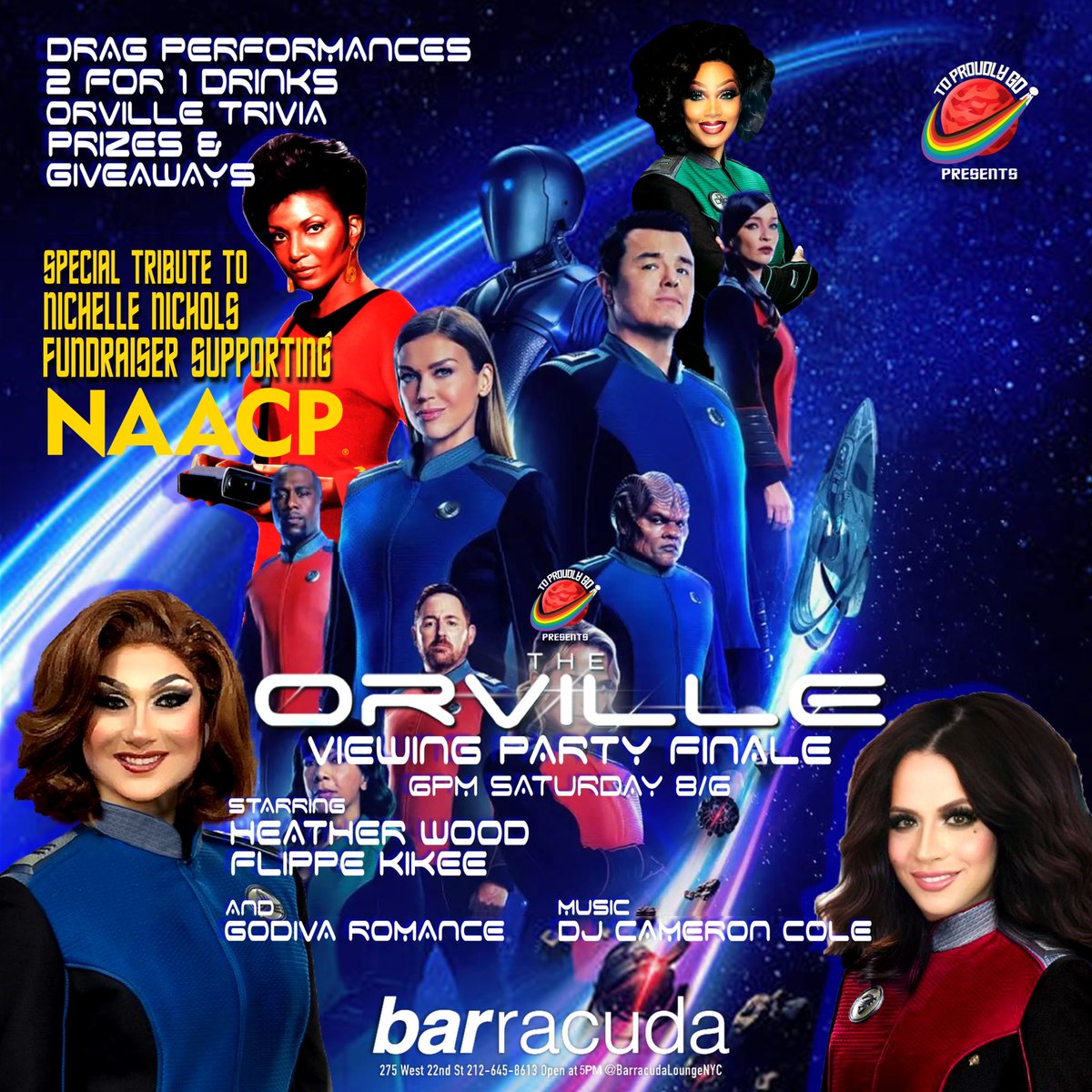 toproudlygo's tweet image. Join us for @TheOrville finale 6pm Saturday at @BarracudaLounge hosted by @TheHeatherWood and @FlippeKikee with an extra special tribute to the legendary @NichelleIsUhura with a special viewing of #WomanInMotion and fundraiser for the @NAACP. Come out to support a good cause!
