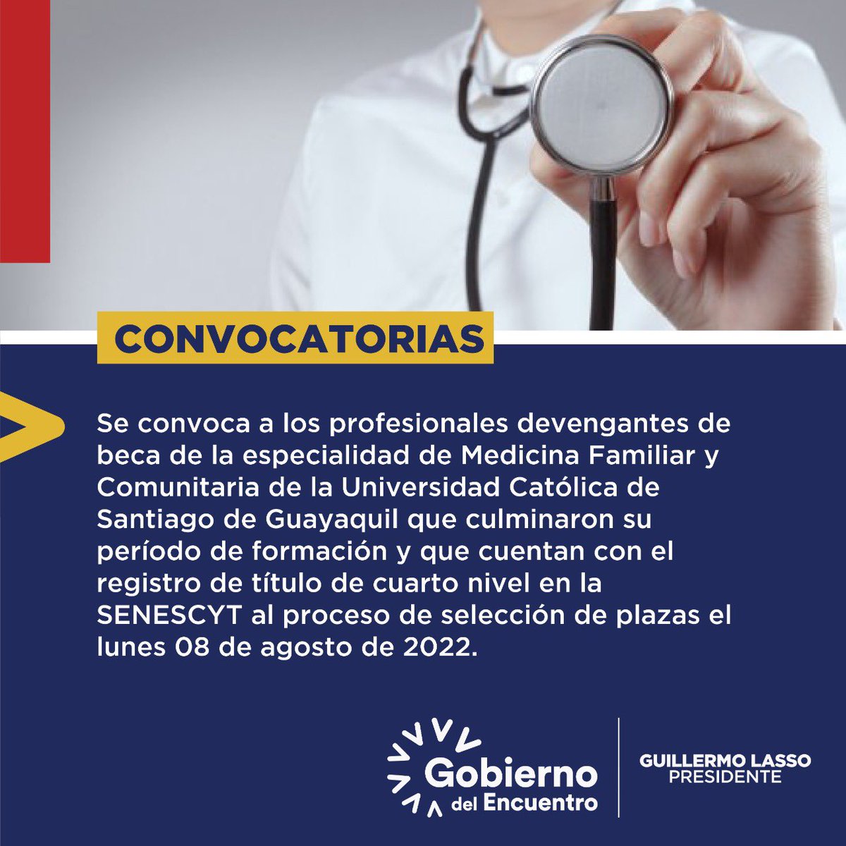 Se convoca a profesionales devengantes de beca de la especialidad Medicina Familiar y Comunitaria de la <a href="/ucatolicagye/">@ucatolicagye</a> y cuentan con registro de título de 4to nivel en SENESCYT al proceso de selección de plazas el 8 de agosto 2022. Detalles → bit.ly/3oXaIct