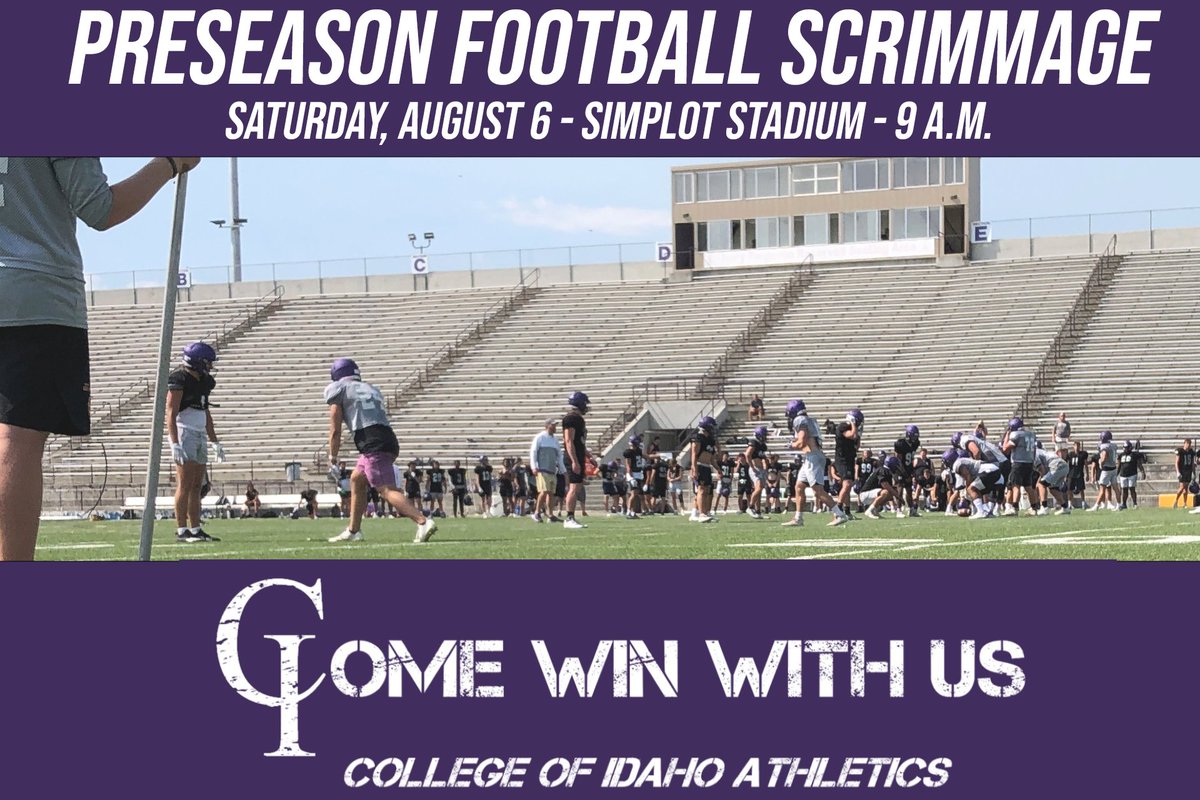 🏈 SCRIMMAGE 🏈 
Saturday at 9 a.m., the <a href="/YotesFootball/">College of Idaho Football</a> team will host an intra-squad scrimmage at Simplot Stadium. #ComeWinWithUs