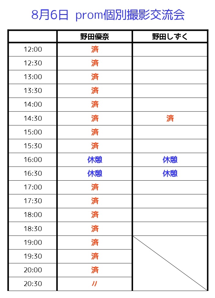 PromProduction's tweet photo. 【8月6日野田優奈、しずく個別撮影会】
8月6日、8時までの予約状況
ゆうな完売となりました、当日受付も行っておりますのでご希望の方はプロムに直接お越しいただくかTwitterDMなどでご確認ください。

ご予約はこちらのメールアドレスまでご連絡ください prompro.photo@gmail.com https://t.co/XSWnxKgeNh