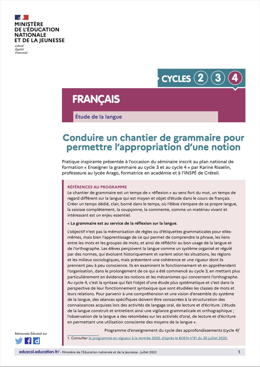 🧑‍🏫 #PNFGrammaire 2022 | Comment faire entrer l’élève dans une attitude réflexive vis-à-vis de la langue ?

🔶 La fiche <a href="/Eduscol/">éduscol</a> « Construire un chantier de #grammaire pour permettre l’appropriation d’une notion » aide à ajuster corpus et démarches

👉 eduscol.education.fr/document/41806…
