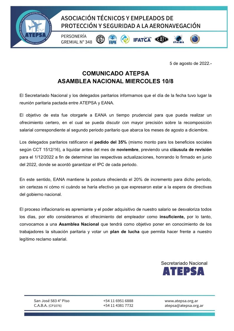COMUNICADO ATEPSA

Llevamos adelante la reunión paritaria entre nuestro sindicato y EANA

Ante la incertidumbre planteada por la EANA, convocamos a todas y todos los compañeros una asamblea Nacional para poder dar a conocer los detalles de esta situación y votar el plan de lucha