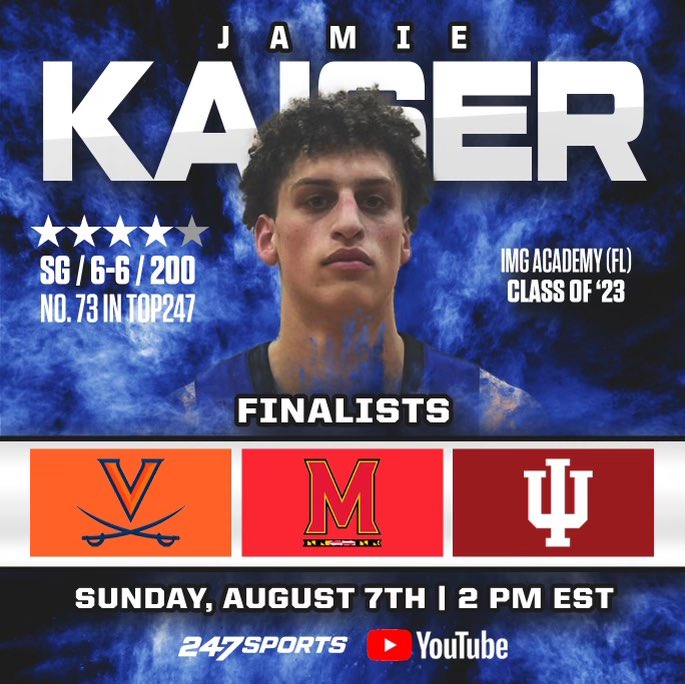 Jamie Kaiser will announce his commitment live with @247Sports on Sunday at 2pm. Indiana, Maryland, & Virginia are the finalists. @BJenkins247 with the story - 247sports.com/Article/Jamie-…