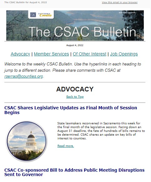 CSAC_Counties's tweet photo. In the #CSACBulletin:
➡️ @CSAC_Counties shares #CALeg updates as final month of session begins
➡️ #CSAC co-sponsored bill to address public meeting disruptions sent to @CAgovernor 
➡️ Virtual &amp; in-person @CSACInstitute #ProfessionalDevelopment courses
https://t.co/ASR9nz6Rww https://t.co/oczVxT2QBA