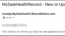 eHealthSask's tweet photo. We're aware of a phishing scam trying to lure you to log in on a SaskTel branded site to see updates to your MySaskHealthRecord account. Only log in to MSHR @ https://t.co/lfvm2rOXqI or https://t.co/U1EtJXxXDb. Emails about account updates will always come from👇 https://t.co/OHuYnbwy2Y