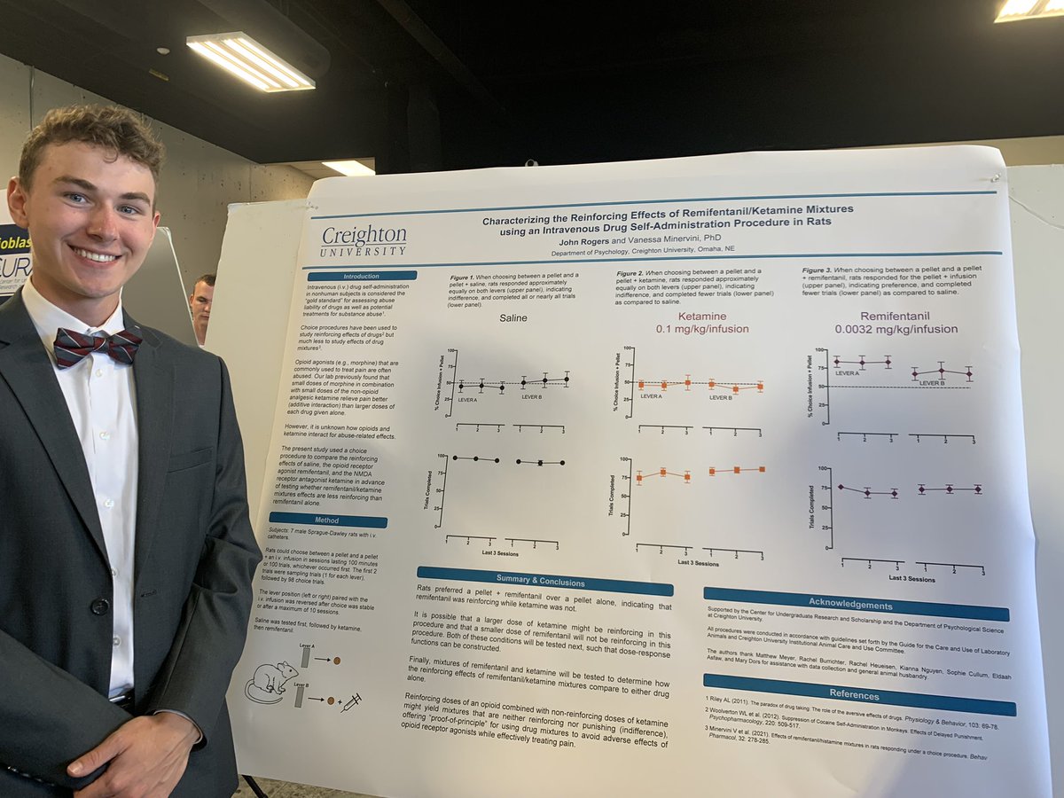 MinerviniLab's tweet image. SURF student John Rogers gave a fantastic presentation today on his summer project. He mastered intravenous catheterization surgery and then tested ketamine and remifentanil in a choice procedure. Next up: drug mixtures. Way to go, John 👏👏👏 @cu_curas