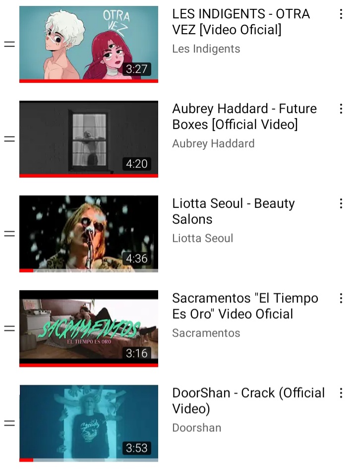 Los videos que agregué a la lista son:
Otra vez - <a href="/lesindigents/">Les Indigents</a> 🇵🇦
Future boxes - <a href="/aub_had_/">Aubrey Haddard</a> 🇺🇸
Beauty salons - <a href="/LiottaSeoul/">Liotta Seoul NU EP OUT NOW</a> 🇩🇪
El tiempo es oro - <a href="/Lxs_Sacramentos/">Sacramentos</a> 🇦🇷🇪🇸
Crack - <a href="/Doorshan/">Doorshan</a> 🇫🇷

Link: youtube.com/playlist?list=…