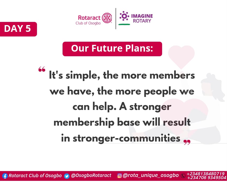 OsogboRotaract's tweet photo. DAY 05
The more members we have, the more people we can help. A stronger membership base will result in stronger communities
#MembershipExtention
#MembershipRetention
#RotaUnique22
#SynergyTeam
Follow us on:
https://t.co/oHj47qQQsm
https://t.co/VNmNl8pK2M https://t.co/OkDo1Tbste