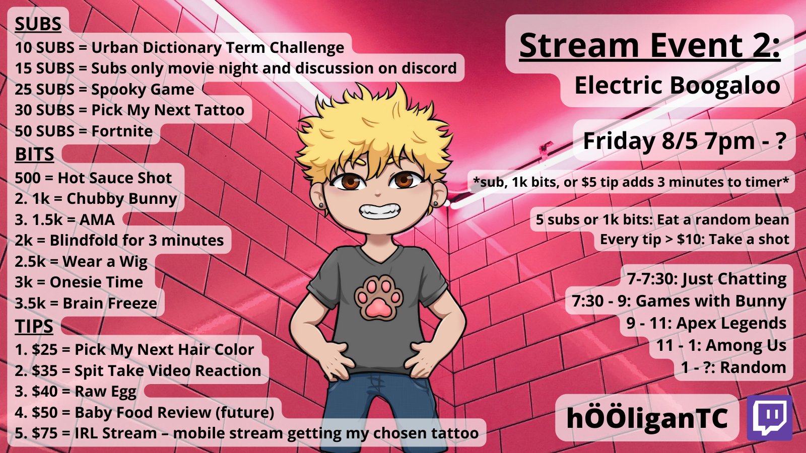 H00liganTC on Twitter: "Stream Event 2: Electric Boogaloo | Ask about the  new command | PNGtuber/Vtuber | !links Lurks, chatting, hosts, and raids  (even if you're not streaming) are all free ways