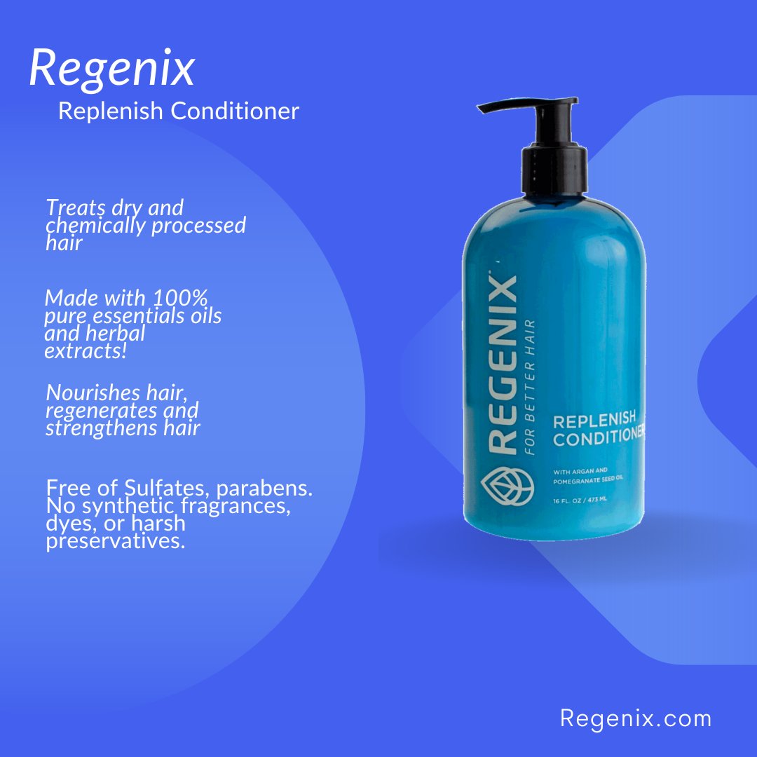 Regenix's tweet photo. Have damaged and dry hair? Try out our Replenish Conditioner, specifically formulated for dry, brittle and chemically processed hair and designed to provide maximum moisture balance for your hair. https://t.co/cMUYFqOAiz https://t.co/Mvi79BRmpr
