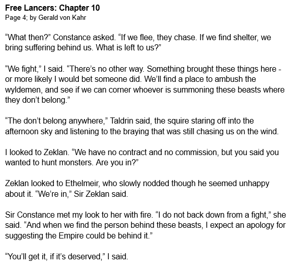 FREE LANCERS: Chapter 10

Cornered in the wilds and on the run, Mercenary Knights are forced to hunt or be hunted.

An ongoing Military Fantasy story, chapters released 2x daily.

You can also catch up and read through linktr.ee/gvonkahr