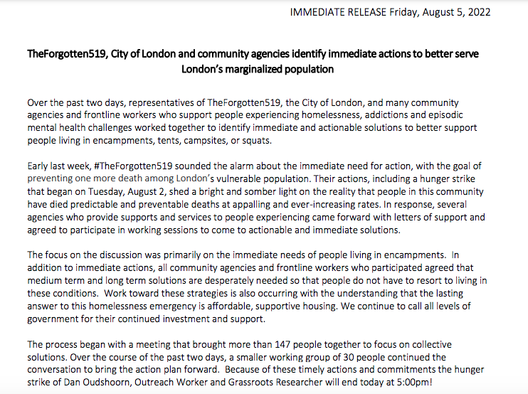 meganestacey's tweet photo. Here's the statement...
A larger document outlines the changes from the settlement, including:
*More $ for basic needs for homeless Londoners (shower trailers, skids of bottled water, etc)
*Breaking up encampments only when legally necessary (eg its blocking a road/sidewalk) https://t.co/NZz5VK88kU