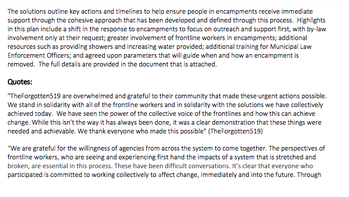 meganestacey's tweet photo. Here's the statement...
A larger document outlines the changes from the settlement, including:
*More $ for basic needs for homeless Londoners (shower trailers, skids of bottled water, etc)
*Breaking up encampments only when legally necessary (eg its blocking a road/sidewalk) https://t.co/NZz5VK88kU
