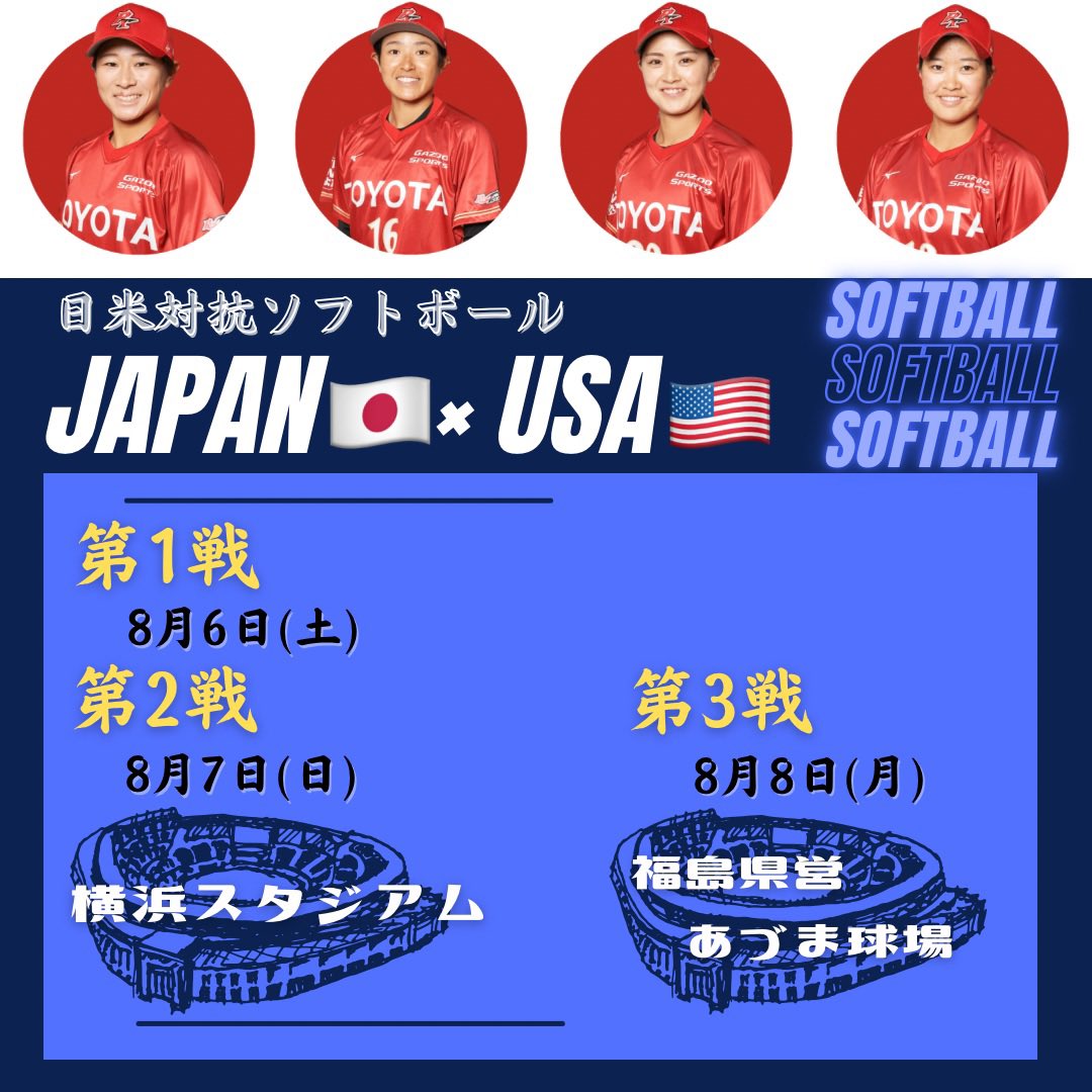 RedTerriers_1's tweet photo. 日米対抗ソフトボール🇯🇵🇺🇸

◾︎8/6(土)・8/7(日)
　福島県営あづま球場（福島県福島市）
◾︎8/8(月)
　横浜スタジアム（神奈川県横浜市）

テレビ放送/配信もあります📺✨

#立ち上がれっどてりあーず https://t.co/uEWFuvPVDW