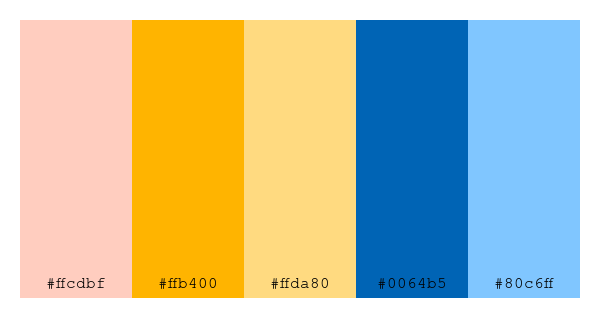 ColPaletteBot's tweet photo. Beep beep, here's a pretty color palette for you!
color-scheme.js parameters used:
- hue: 226
- variation: default
- colors: #ffcdbf, #ffb400, #ffda80, #0064b5, #80c6ff
Have a lovely evening!
#twitterbot #colorpalette #colors #palette #prettycolors https://t.co/6utTRBkpdy